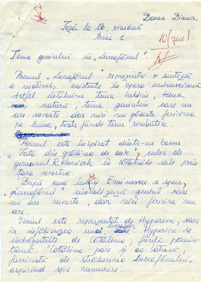 Teza la limba română din trimestrul I (septembrie-decembrie 1989) al clasei a XII-a, la care a fost notată cu zece