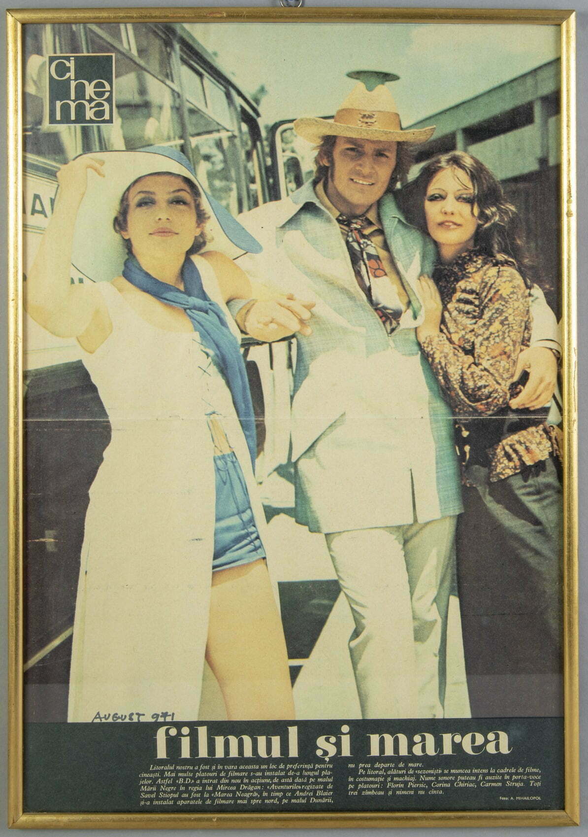 Coperta revistei „Cinema” din anul 1971,  Florin Piersic și Carmen Maria Strujac alături de Corina Chiriac, reclama filmului „Aventuri la Marea Neagră” 