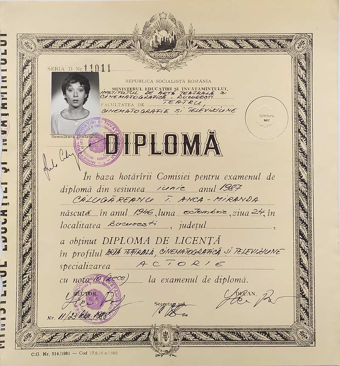 Diplomă de licenţă, actorie, 1988