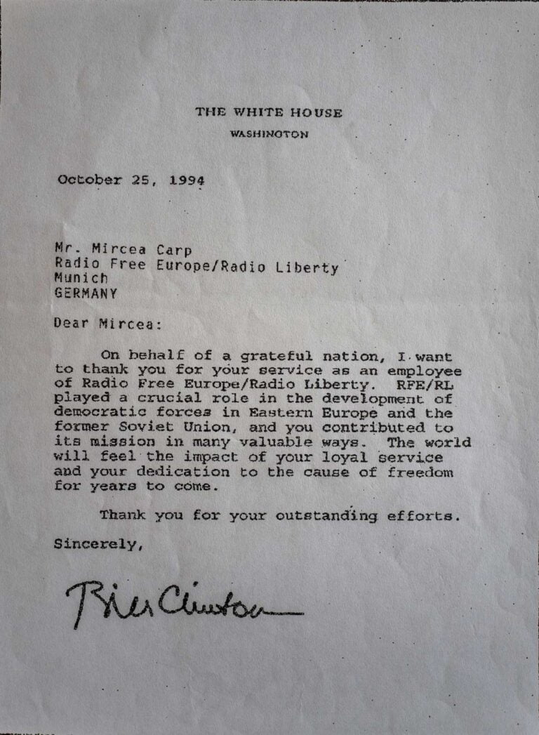 Scrisoare de mulțumire primită din partea președintelui american William Jefferson Clinton, 25 octombrie 1994 (colecția familiei Carp).